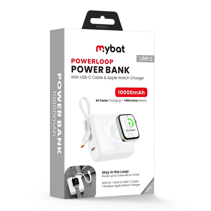 MyBat 10000mAh PowerLoop Power Bank with Watch Charger - White
